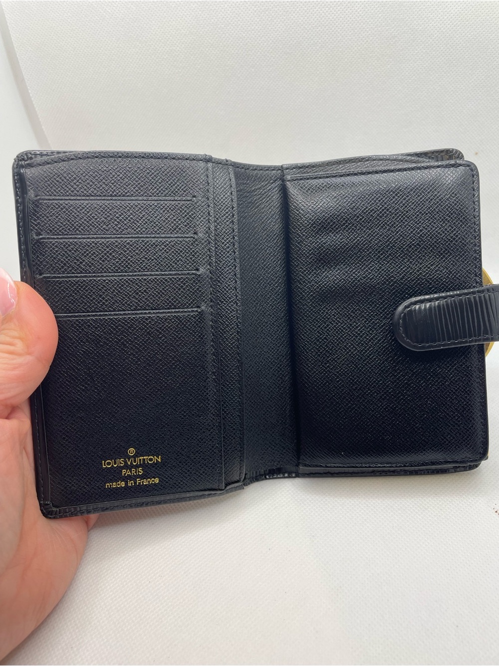 Authentic- Louis Vuitton Black Epi Leather Bi-Fold Wallet with Snap Tab